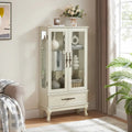 Illuminated Glass Curio Display Cabinet with Adjustable Shelves, Double Doors, and Drawer - Glass Wine Storage Solution
