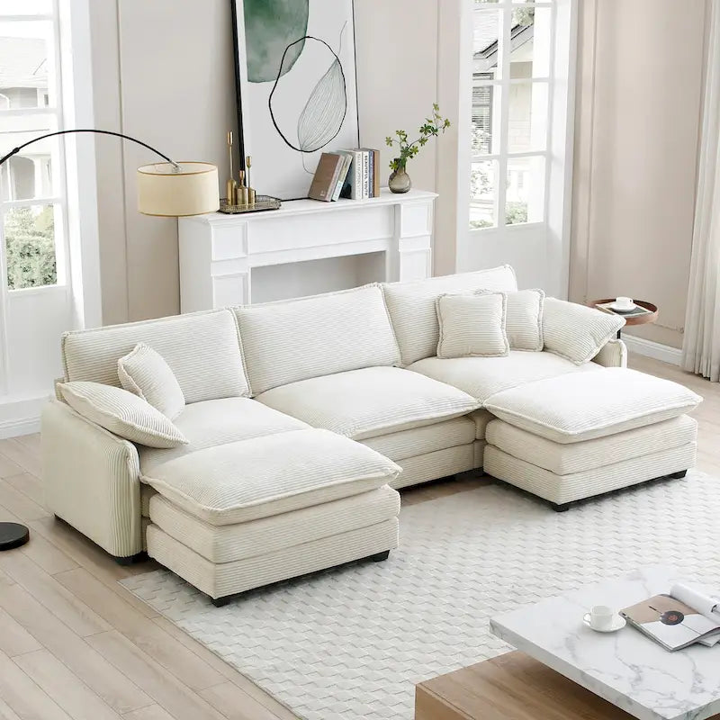 Beige 5-Piece U-Shaped Corduroy Modular Sectional Sofa Set with 2 Ottomans