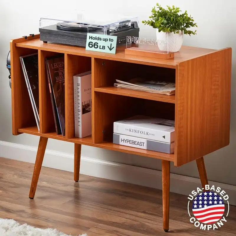 Vinyl Record Player Stand with Built-in Charging Station - Dimensions: 31D x 26W x 15H