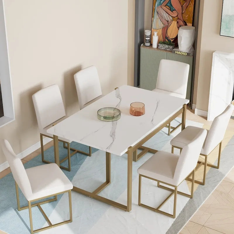 7-Piece Contemporary Faux Marble Dining Set with 6 Upholstered Chairs