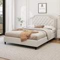 Contemporary Queen Upholstered Bed with Ruched Button-Tufted Headboard, Sturdy Wooden Frame and Metal Base – Box Spring Not Required