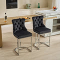 Contemporary Set of 2 Bar Stools with Button-Tufted Back and Studded Trim, Chrome Metal Base - Ideal for Dining Room, Living Room, and Bedroom