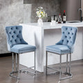 Contemporary Set of 2 Bar Stools with Button-Tufted Back and Studded Trim, Chrome Metal Base - Ideal for Dining Room, Living Room, and Bedroom