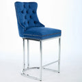 Contemporary Set of 2 Bar Stools with Button-Tufted Back and Studded Trim, Chrome Metal Base - Ideal for Dining Room, Living Room, and Bedroom