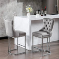 Contemporary Set of 2 Bar Stools with Button-Tufted Back and Studded Trim, Chrome Metal Base - Ideal for Dining Room, Living Room, and Bedroom