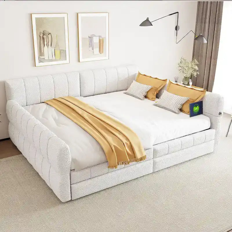 Upholstered Queen Size Daybed Sofa Bed with USB Ports and 2 Drawers - Vertical Stripes Recliner Loveseat Chaise Lounge