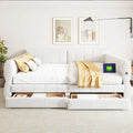 Upholstered Queen Size Daybed Sofa Bed with USB Ports and 2 Drawers - Vertical Stripes Recliner Loveseat Chaise Lounge