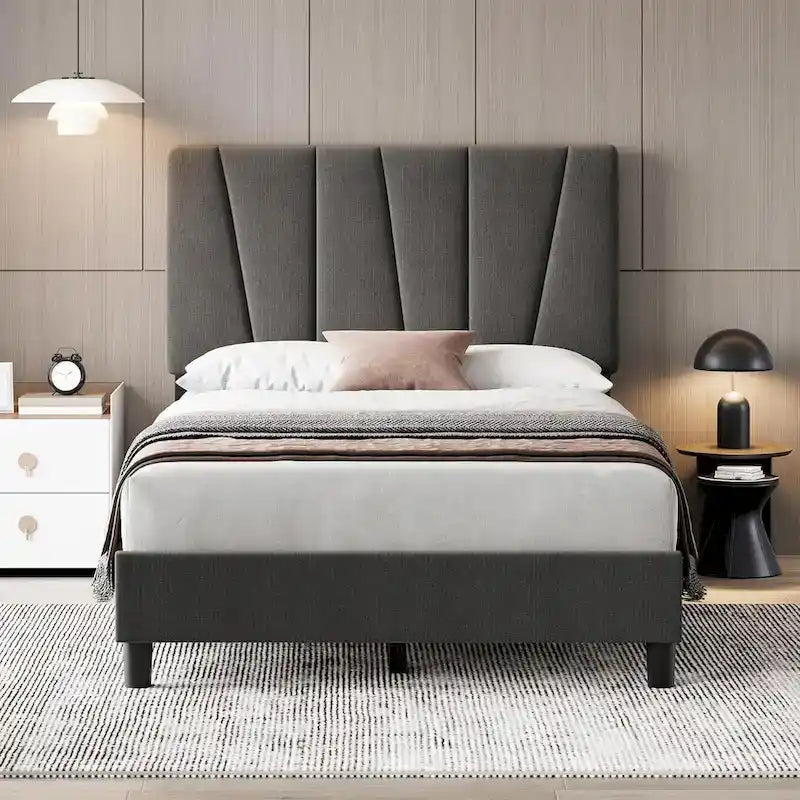 Sturdy Wooden Slat Linen Upholstered Platform Bed Frame