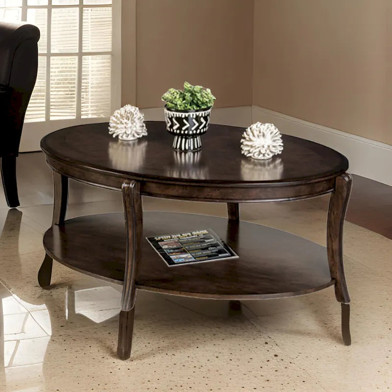 Orio 49-Inch Oval Brown Wood Coffee Table with Open Shelves