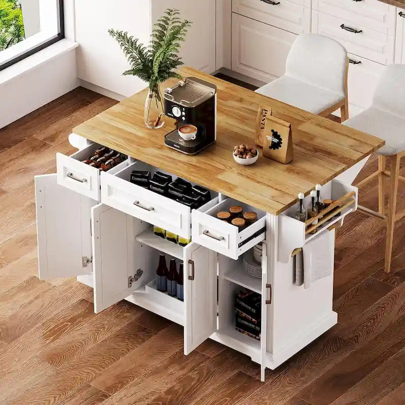 Spacious White Kitchen Island with Wood Drop Leaf, Embossed Texture Rolling Cart Featuring Doors and Drawers for Ample Storage