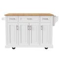 Spacious White Kitchen Island with Wood Drop Leaf, Embossed Texture Rolling Cart Featuring Doors and Drawers for Ample Storage