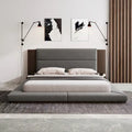 King Gray Upholstered Low Profile Platform Bed with Extended Wood Headboard and Integrated Nightstand Shelves