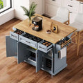 54-Inch Large Kitchen Island with Rubberwood Drop Leaf, Embossed Texture, Rolling Cart on 4 Wheels, Featuring 4 Doors and 3 Drawers