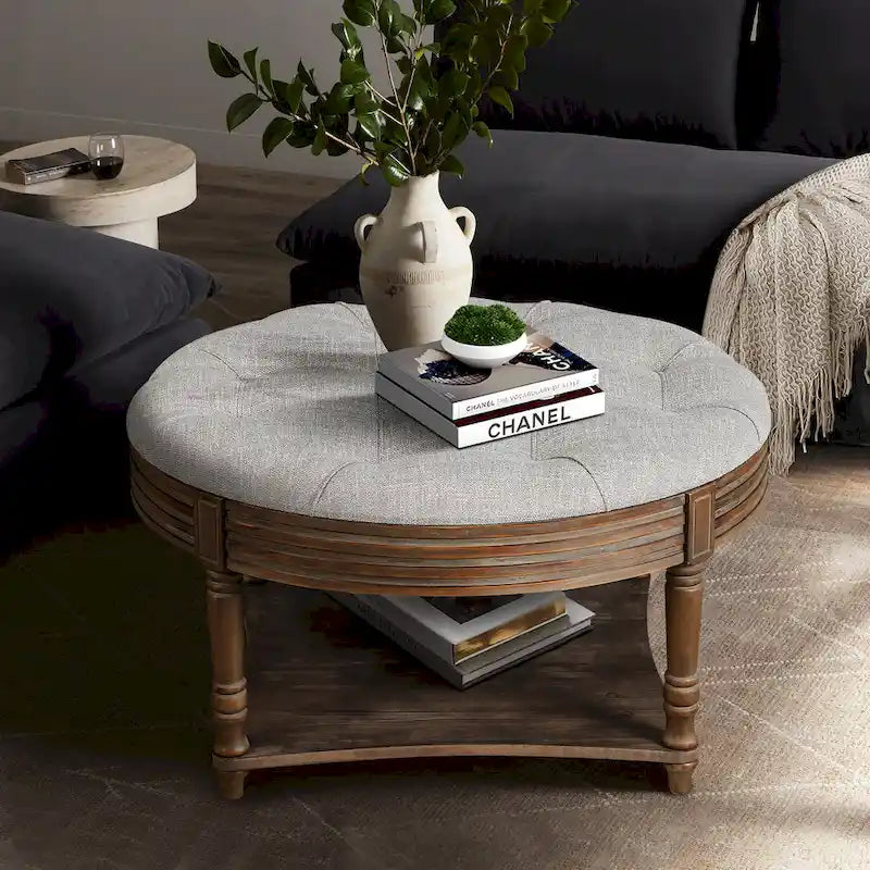 Spacious Round Waterproof Ottoman Coffee Table - 2-Tier Oversized Button-Tufted Design with Wooden Upholstery