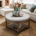 Round Storage Ottoman Coffee Table with Tufted Seat and Wooden Base