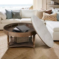 Round Storage Ottoman Coffee Table with Tufted Seat and Wooden Base