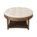 Round Storage Ottoman Coffee Table with Tufted Seat and Wooden Base