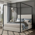 Metal Canopy Platform Bed with Vertical Stripe Upholstered Wingback Headboard - Four Poster, Low Profile Design