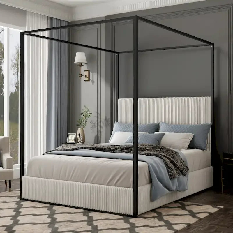 Metal Canopy Platform Bed with Vertical Stripe Upholstered Wingback Headboard - Four Poster, Low Profile Design