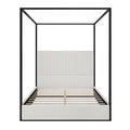 Metal Canopy Platform Bed with Vertical Stripe Upholstered Wingback Headboard - Four Poster, Low Profile Design