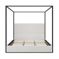 Metal Canopy Platform Bed with Vertical Stripe Upholstered Wingback Headboard - Four Poster, Low Profile Design