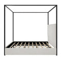 Metal Canopy Platform Bed with Vertical Stripe Upholstered Wingback Headboard - Four Poster, Low Profile Design
