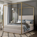 Metal Canopy Platform Bed with Vertical Stripe Upholstered Wingback Headboard - Four Poster, Low Profile Design