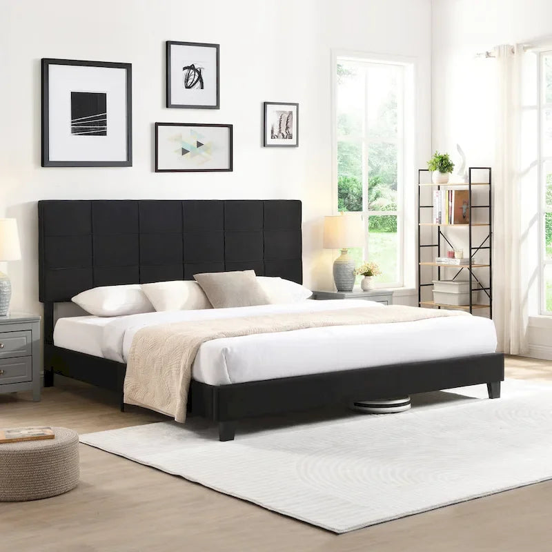 Tufted Headboard Black King Linen Bed