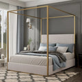 Contemporary Luxe Metal Canopy Bed Featuring a High Upholstered Headboard