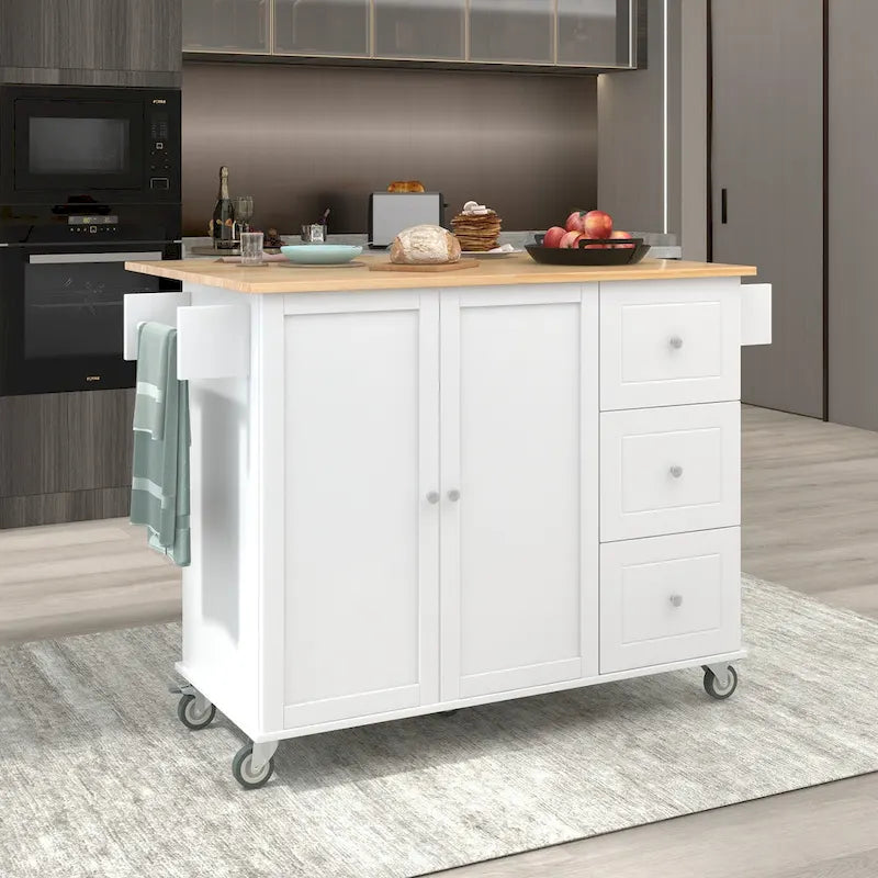 Mobile Kitchen Island on Wheels with Solid Wood Top and Locking Casters
