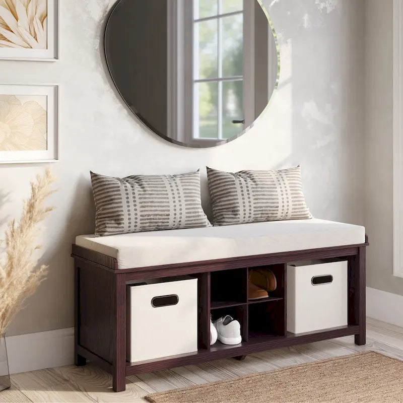 John Louis Home Espresso Solid Wood Entryway Bench with 4 Shoe Cubbies