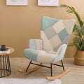 Mid-Century Patchwork Linen Rocking Chair with Wooden Legs