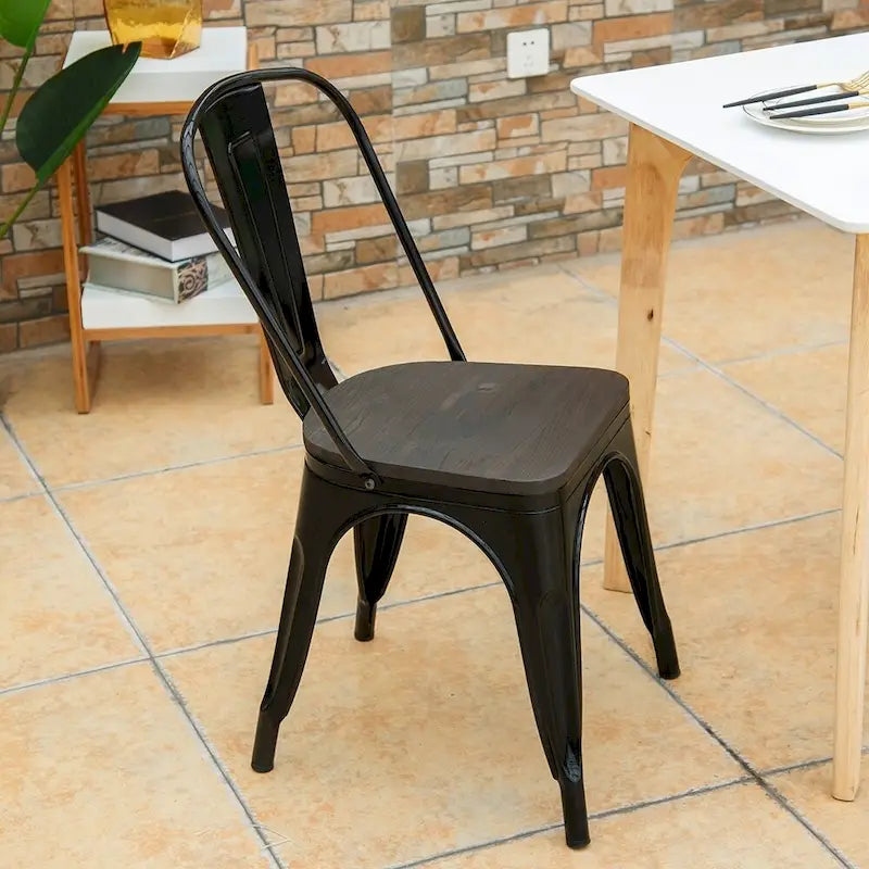 Set of 4 Stackable Bistro Cafe Dining Chairs with Metal Frame and Wooden Seat - Details Inside
