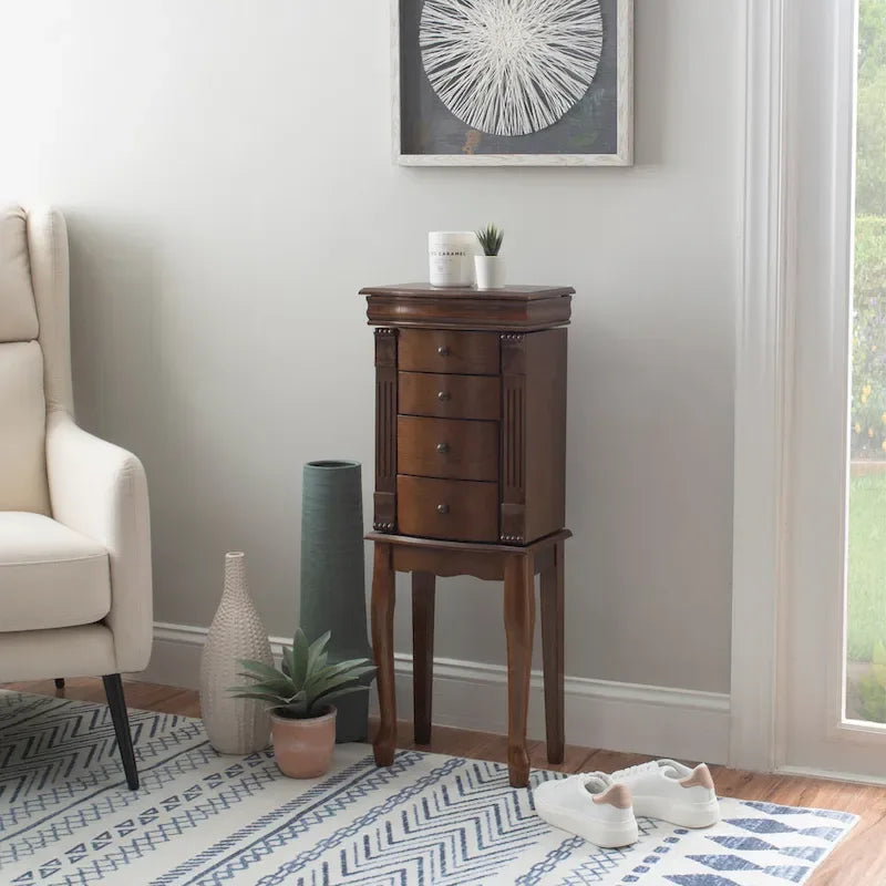 Serena Walnut Jewelry Armoire with Mirrored Finish