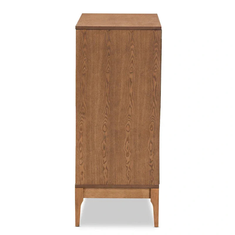 Ramiel Mid-Century Modern 4-Drawer Chest in Ash Walnut with Rattan Accents
