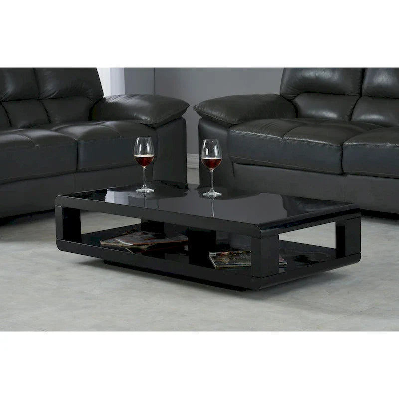 Modern Rectangular Coffee Table with Gloss Finish and Open Storage Shelf