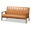 Nikko Tan Faux Leather Sofa with Walnut-Finished Wood Accents