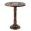 Intricately Carved Dark Brown Mango Wood Accent Table with Elephant or Floral Design and Turned Base - Roche River Decor