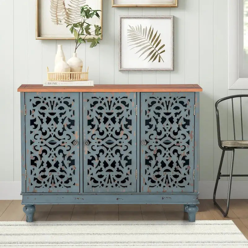 Vintage-Inspired Hollow-Carved 3-Door Storage Cabinet