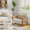 Mid-Century Modern Upholstered Rattan Accent Chairs - Natural Linen Armchairs for Living Room and Bedroom