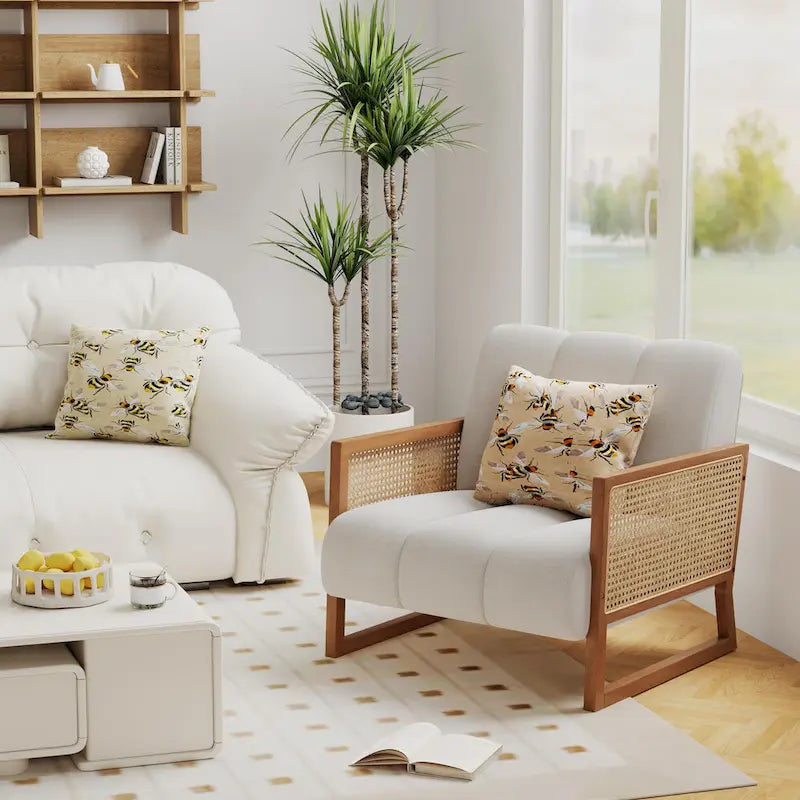 Mid-Century Modern Upholstered Rattan Accent Chairs - Natural Linen Armchairs for Living Room and Bedroom