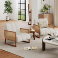 Mid-Century Modern Upholstered Rattan Accent Chairs - Natural Linen Armchairs for Living Room and Bedroom