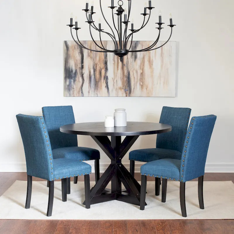 Round Dining Table Set with 4 Upholstered Chairs and Pedestal Base