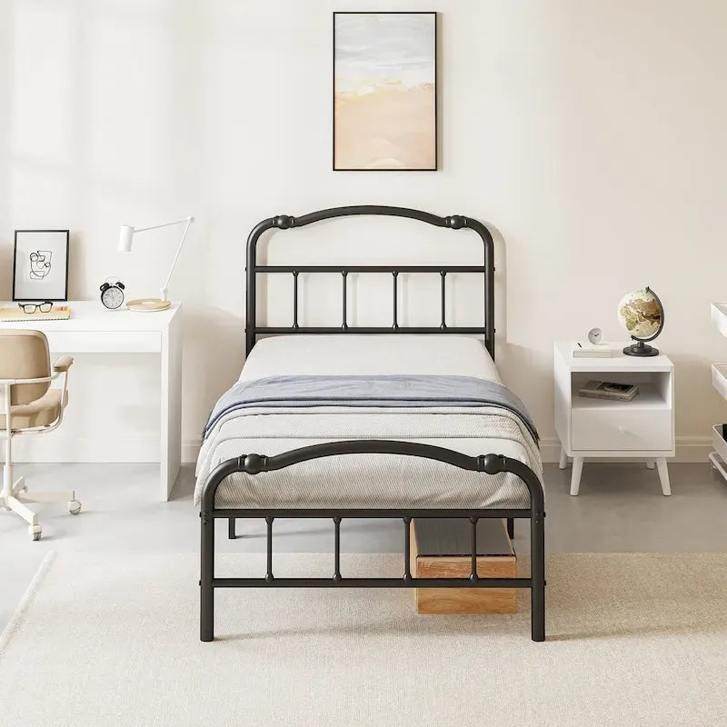 Sturdy 18-Inch High Steel Tube Iron Bed with Double Wave Headboard and Footboard