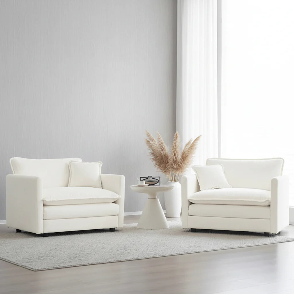 Set of 2 High-End Chenille Upholstered Accent Chairs with Toss Pillows - White Living Room Armchairs