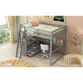 Gray Full-Size Loft Bed with Desk, Shelves, and Two Built-In Drawers