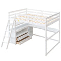 Gray Full-Size Loft Bed with Desk, Shelves, and Two Built-In Drawers