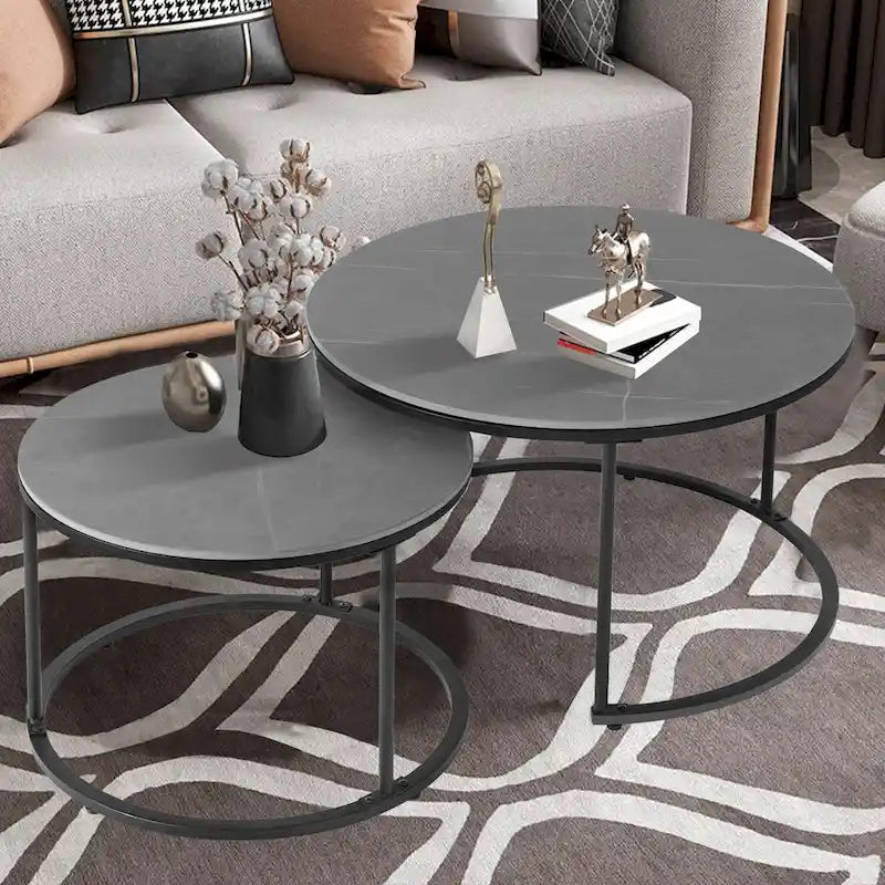 Round Sintered Stone Top Nesting Coffee Table with Black Metal Frame - 31.5 x 17.7 Inches