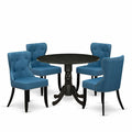 East West Furniture Round Kitchen Table Set - Black Wire-Brushed Finish with Blue Linen Chairs (Multiple Piece Options)