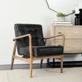 Phineas Black Genuine Leather Accent Chair with Brown Solid Wood Frame